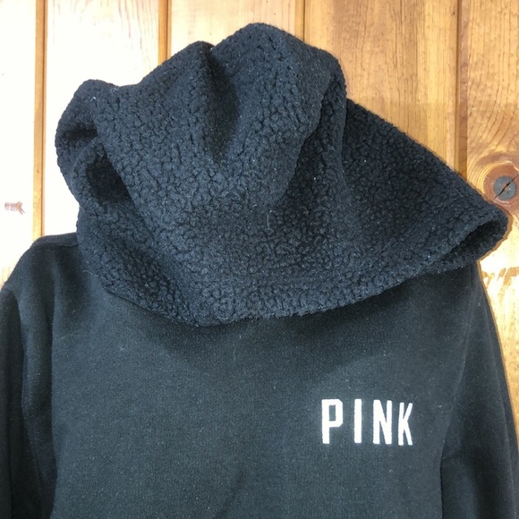 PINK Victoria's Secret sweatshirt partial sherpa small Black fuzzy sweatshirt​​ - Picture 2 of 4